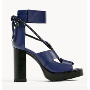Zara Blue Leather Lace-Up Block Heel Sandals